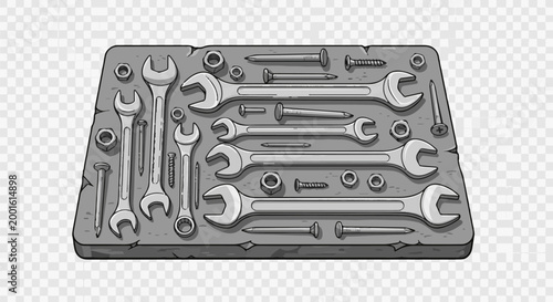 Assortment of wrenches, nuts, and screws displayed on a textured surface