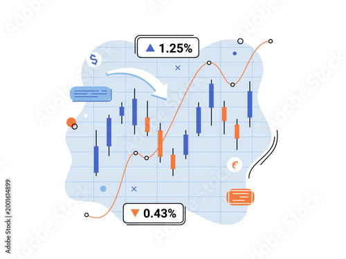 Financial chart showing candlestick and line graphs vector illustration. Trading strategy, investment, economic growth, banking, crypto, data. Market graph with currency indicators and stats