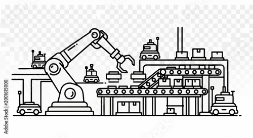 Automated factory with robotic arm, conveyor belts, and delivery robots