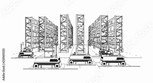 Automated robots move boxes in a modern warehouse with tall shelves