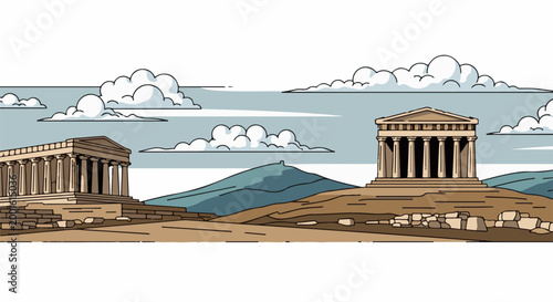 Ancient temples stand on rocky hills under a cloudy sky