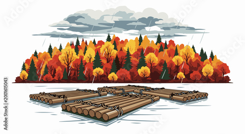 Autumn forest with rain over rafts floating on water