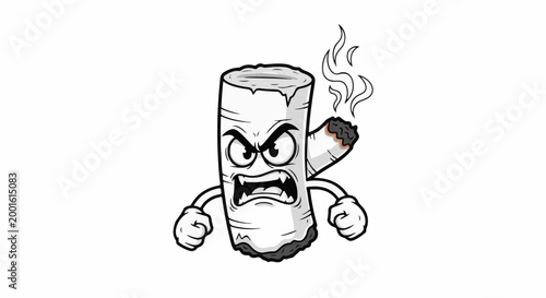 Angry cartoon cigarette character with smoke and clenched fists