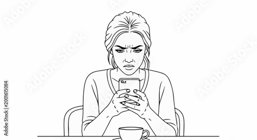 Angry woman with curly hair looks at her phone with a cup of coffee