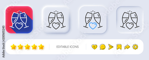 Love champagne line icon. Neumorphic, Flat shadow, 3d buttons. Wedding glasses sign. Couple relationships symbol. Line wedding glasses icon. Social media icons. Vector