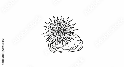 An artistic rendering of a spiky plant emerging from a stylized rock formation