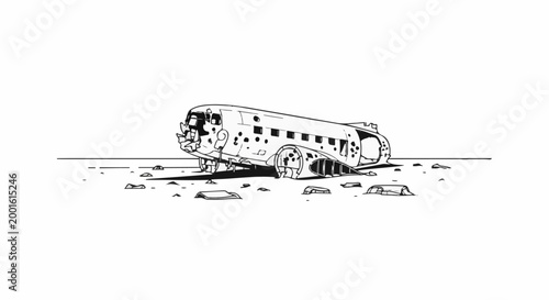 An artistic line drawing of a wrecked aircraft lying on its side amidst rocks