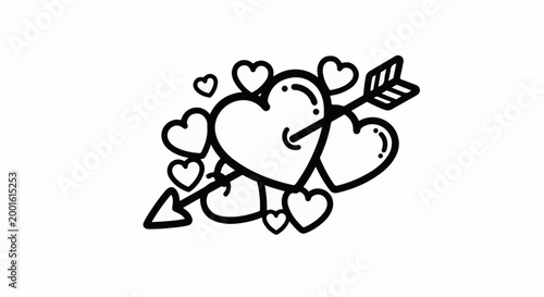 An arrow pierces a cluster of hearts, symbolizing love and romance