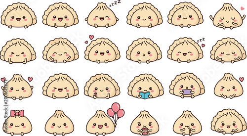 Set of cute kawaii dumpling gyoza characters with various emotions holding book phone balloons and cake isolated on white background cartoon vector illustration