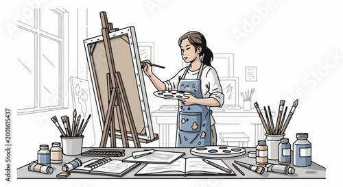 Artist diligently paints on canvas in a sunlit studio, surrounded by supplies