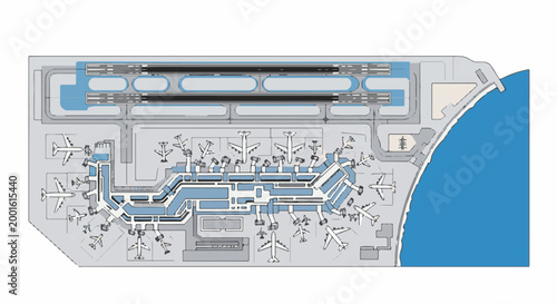 Aerial view of an airport with runways, terminal, and parked airplanes