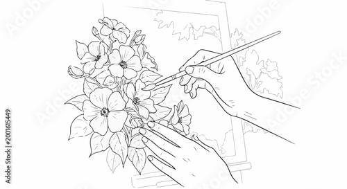 Artist paints a floral still life on an easel with two hands