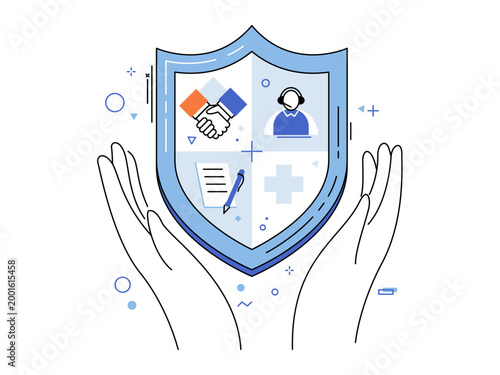 Hands protecting a blue shield with business symbols vector illustration. Insurance coverage, health protection, legal agreement, partnership, safety, support. Palms holding defensive crest