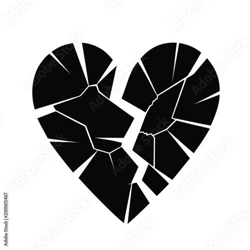Broken heart silhouette vector icon, shattered black heart symbol of divorce and grief, cracked love shape for emotional pain and heartbreak