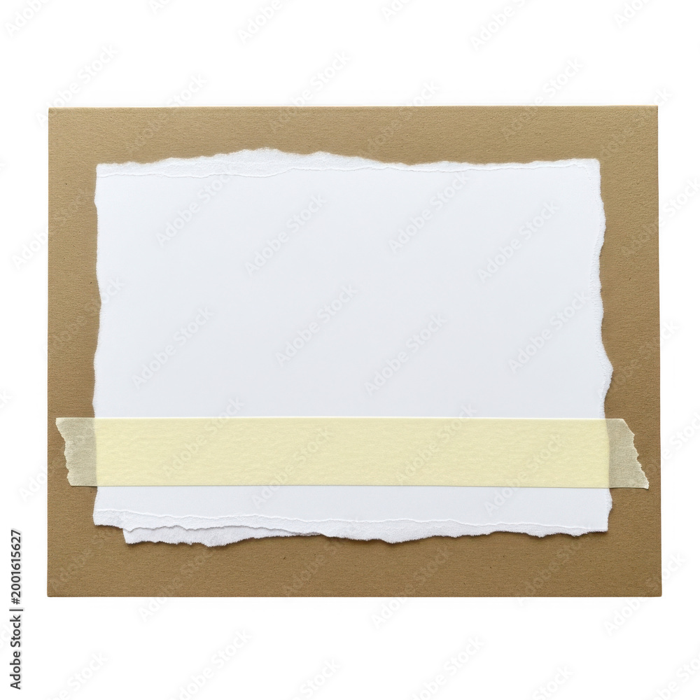 Fototapeta premium Torn white paper taped onto brown cardstock