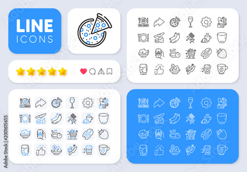 Mint bag, Food app and Vegetables cart line icons for web app. Message, Share, Like social media icons. Pack of Pizza, Potato chips, Pecan nut pictogram icons. Vector