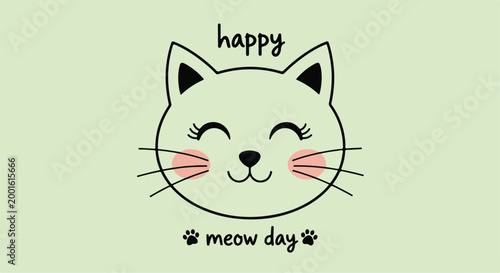 Cute cartoon cat face with happy expression and whiskers celebrating meow day in a playful style