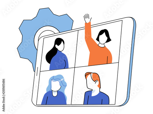 Diverse people on a video call on tablet screen vector illustration. Remote work, digital teamwork, webinar, technical support, virtual communication. Users in a web conference on mobile
