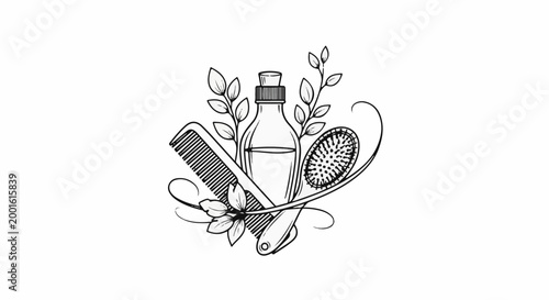 Artistic sketch of haircare products, bottle, comb, brush, leaves, flowers
