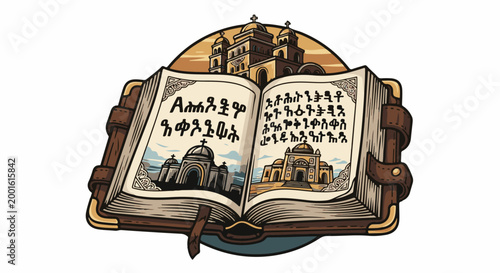 An open ancient book displays religious texts and illustrations of churches