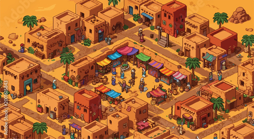 Pixel art desert village with bustling marketplace, isometric middle eastern town landscape, retro game background with adobe houses and palm trees