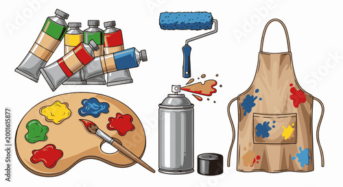 Assorted art supplies including paint tubes, palette, brush, spray paint, roller, and apron