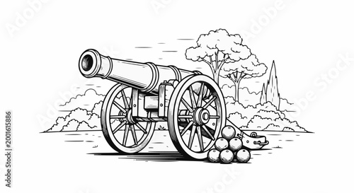 An old cannon sits in a field with cannonballs and trees