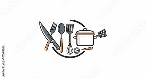 Assorted kitchen utensils and a pot arranged in a circular design
