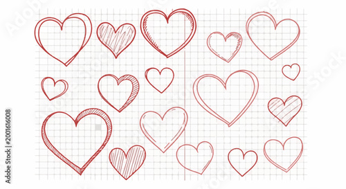 Assorted hand-drawn red heart doodles scattered across a gridded background