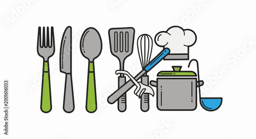 Assorted kitchen utensils including a chef hat and cooking pot