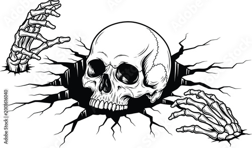 skull emerging from cracked ground with skeletal hands