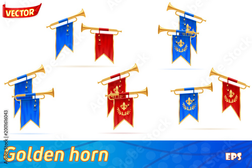 king royal golden horn trumpet set icons vector illustration