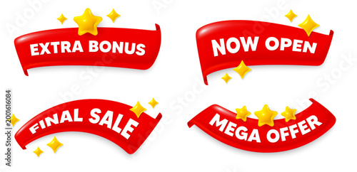 Extra bonus flag ribbon. Mega discount, Final sale, Now open. Extra bonus offer tag. Special gift promo sign. Sale promotion symbol. Red flag ribbon banners. Promo offer tags. Vector