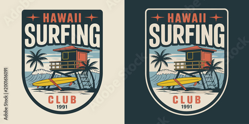 Vintage surfing badge with lifeguard tower surfboard and ocean wave.