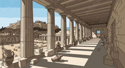 Ancient Greek ruins, imposing columns, statues, pottery, and distant acropolis