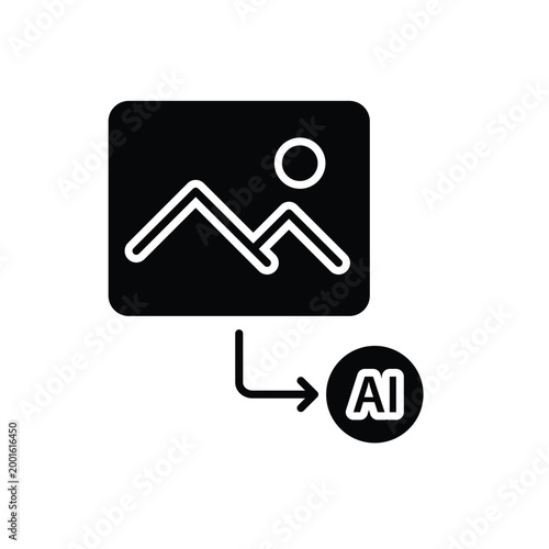 Image Input icon. Image frame and arrow go to AI node. Work flow, automation, Engine. Flat design style.