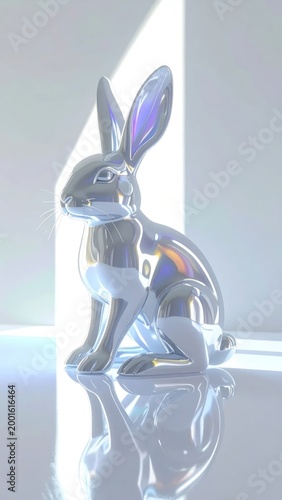 Shiny, metallic hare sculpture with iridescent highlights, reflecting on a white surface