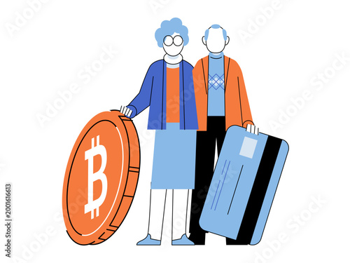 Senior couple holding a bitcoin and credit card vector illustration. Retirement savings, digital banking, crypto investment, finance, payments, wealth. Elderly pair with token and bank card.