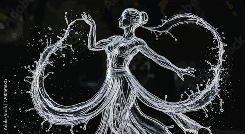 Ethereal water goddess vector illustration, liquid splash female silhouette, flowing aquatic dancer figure on black background, mystical spirit of nature