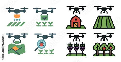 Agricultural drones spraying and surveying over farmland