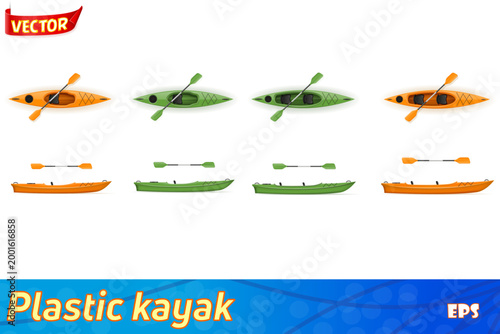 plastic kayak for fishing and tourism set icons vector illustration