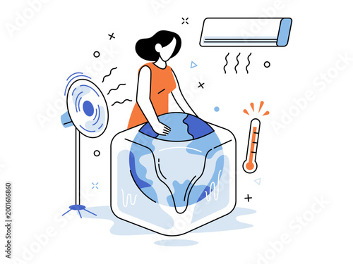 Woman cooling a melting planet globe vector illustration. Global warming, climate change, ecology, environment, save earth, overheating crisis. Female character freezing the world sphere