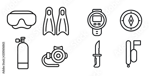 Diving gear icons arranged on white background