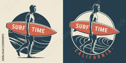 Vintage surfing emblem with man holding surfboard on ocean beach design.