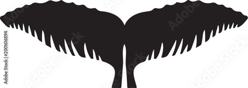 Humpback whale tail fluke silhouette vector, black marine mammal tail fin icon, nautical ocean wildlife graphic element for logo design