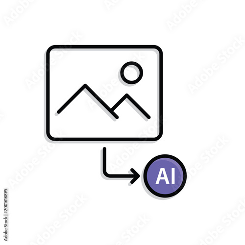 Image Input icon. Image frame and arrow go to AI node. Work flow, automation, Engine. Mixed design style.