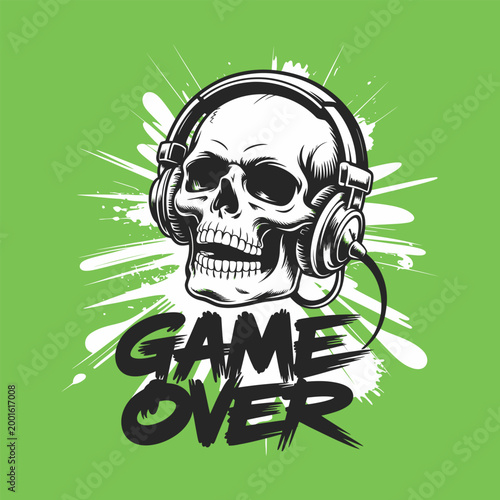Skull wearing headphones with game over text on green paint splash art.