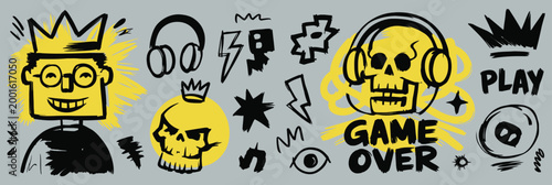 Urban graffiti doodle collection with character skull headphones and crown.