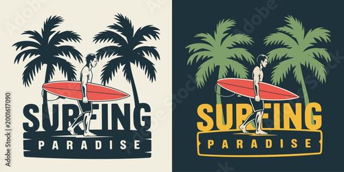 Surfer with surfboard walking palm trees paradise beach two backgrounds.