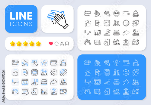 Survey results, Mail app and Winner flag line icons for web app. Message, Share, Like social media icons. Pack of Cloud computing, Wallet, Puzzle pictogram icons. Vector